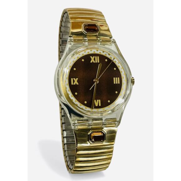 Swatch Watch Rêve D'automne GK257 1997 Standard Gents Gold Tone Flexible Band - Picture 1 of 8